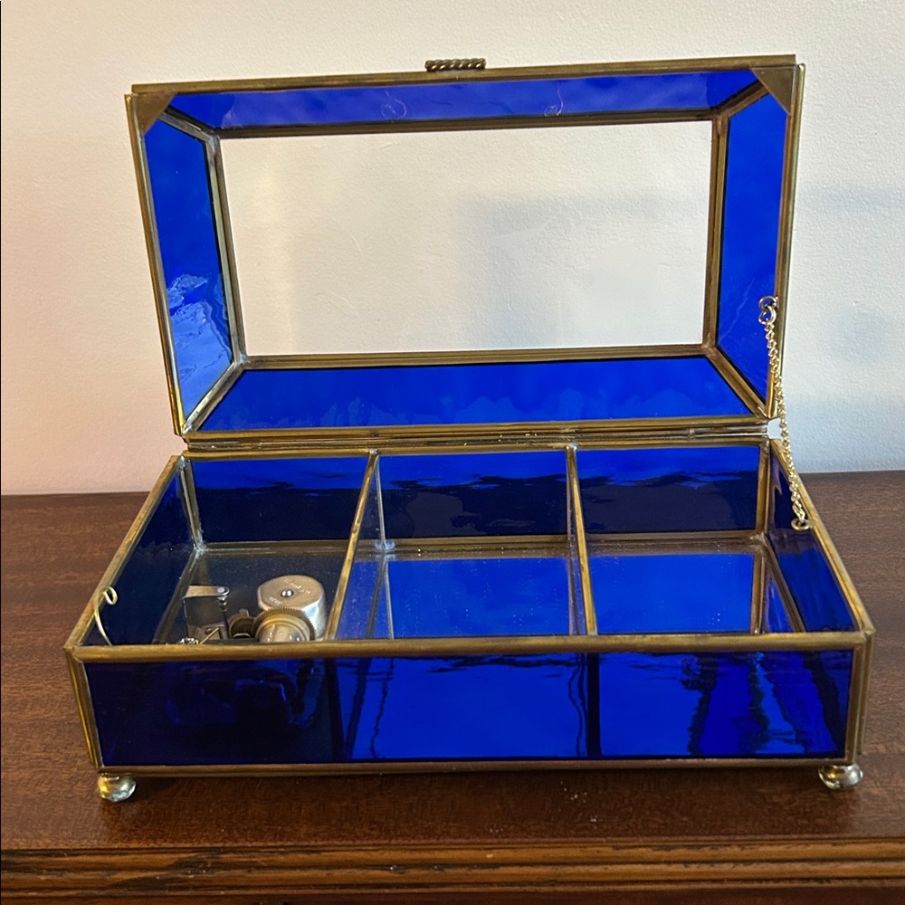 Blue Glass Jewelry Box with Brass Trim